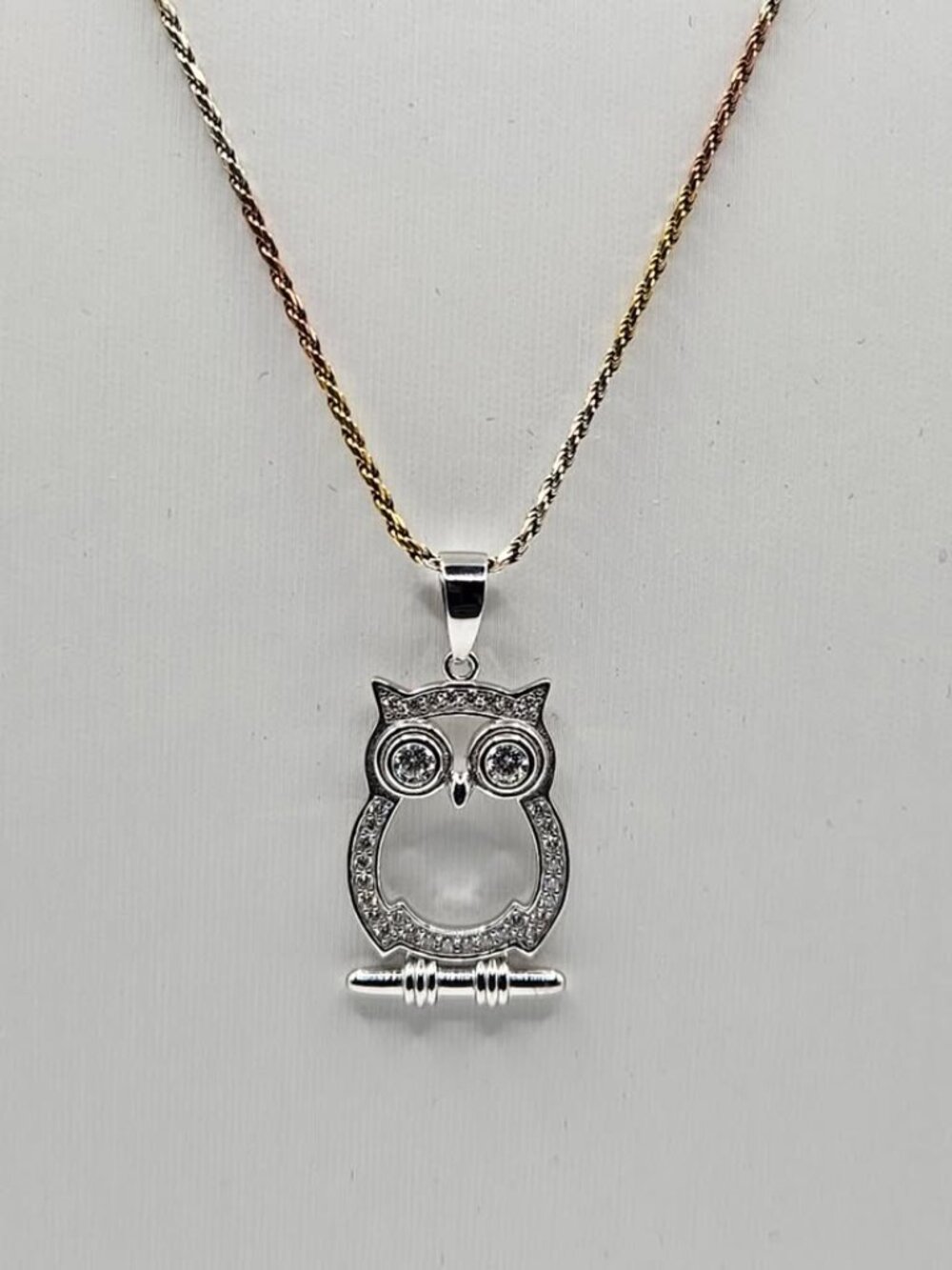 Moissanite Owl Pendant 22" Tri-Color Rope Chain S925 Silver Set